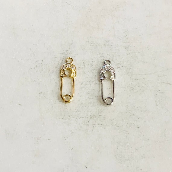 Gold Plated or Rhodium Plated CZ Tiny Safety Pin Connector Charm Pendant New Born Baby Gift Necklace Charm