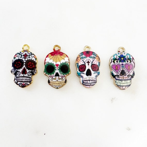 Beautiful Colorful Detailed Day of The Dead 1 loop Charm Enamel Skull Gold Plated