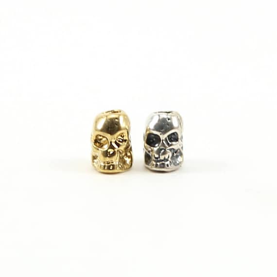 Detailed Skull Day of the Dead Bead Link Charm with Vertical Hole in Sterling Silver or Vermeil Gold