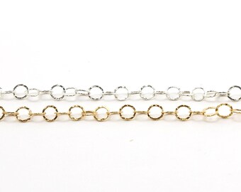 Round textured hammered link cable chain, 5.5mm 14k gold filled, sterling silver permanent jewelry  sold by the foot / bulk unfinished chain