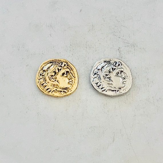 Ancient Greek  Coin Symbol Double Sided Sculpture Medallion Charm Pendant Pewter Antique Gold or Antique Silver