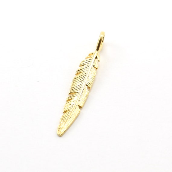 Long Modern Detail Feather Vermeil Gold Charm Insect Nature Spring Western Pendant