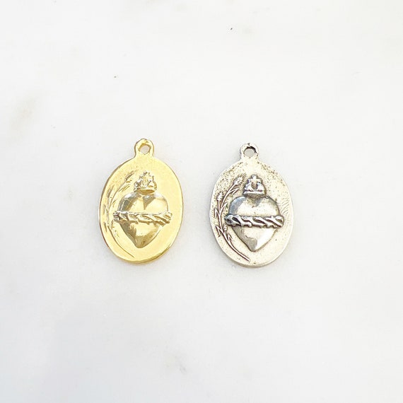 Sterling Silver or Vermeil Gold Oval Sacred Heart of Jesus Catholic Rosary Prayer Pendant Detailed Charm