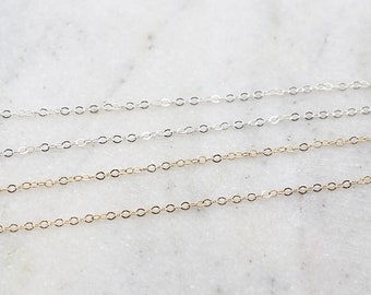 Delicate Thin Shiny Sterling Silver or 14K Gold Filled Flat Link Cable Chain Permanent Jewelry / Sold by the Foot / Bulk Unfinished Chain