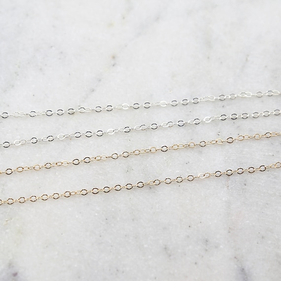 Delicate Thin Shiny Sterling Silver or 14K Gold Filled Flat Link Cable Chain Permanent Jewelry / Sold by the Foot / Bulk Unfinished Chain