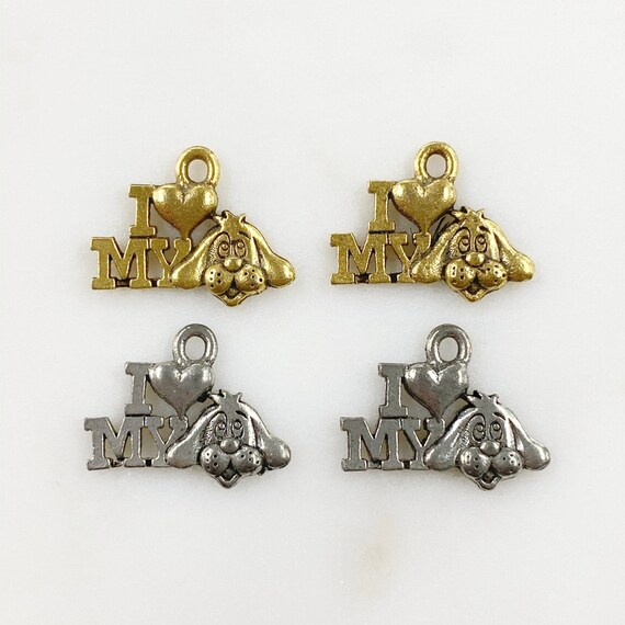 2 Piece I Heart My Dog Charm Pewter Base Metal Dog Charm Choose Your Color Antique Gold or Antique Silver
