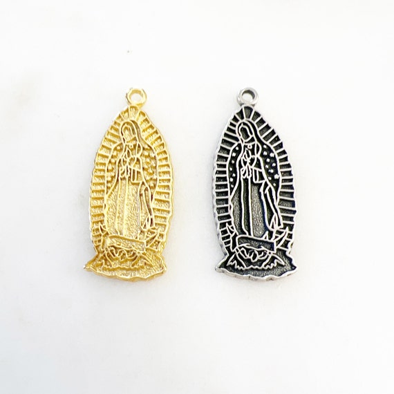 Sterling Silver Vermeil Gold Our Lady of Guadalupe Virgin Mother Mary Rosary Prayer Pendant Charm