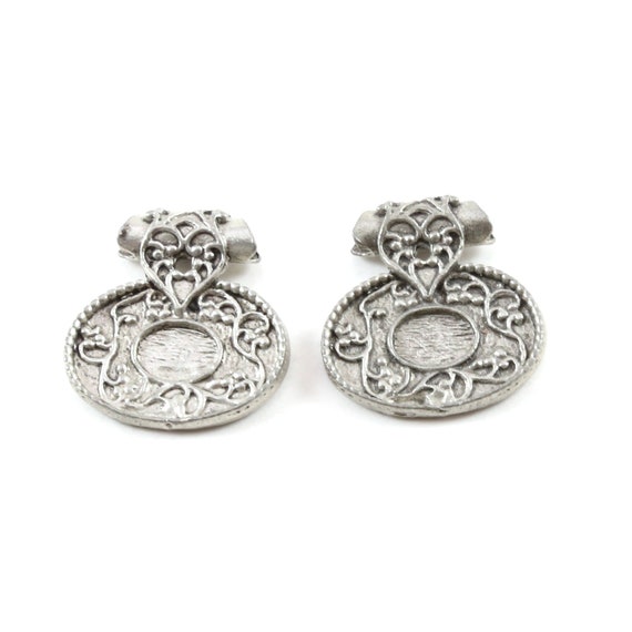 2 Pieces Antique Silver Detailed Filigree Pewter Base Metal Stamping Blank Oval Coin Charm with Bail Pendant