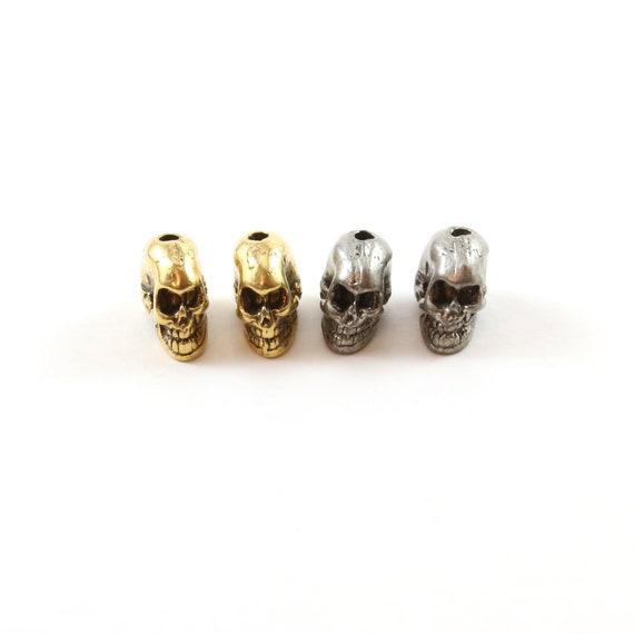 2 Pieces Pewter Skinny Skull Head Bead Vertical Hole Pendant Halloween Skeletons Day of the Dead Charm in Antique Gold, Antique Silver