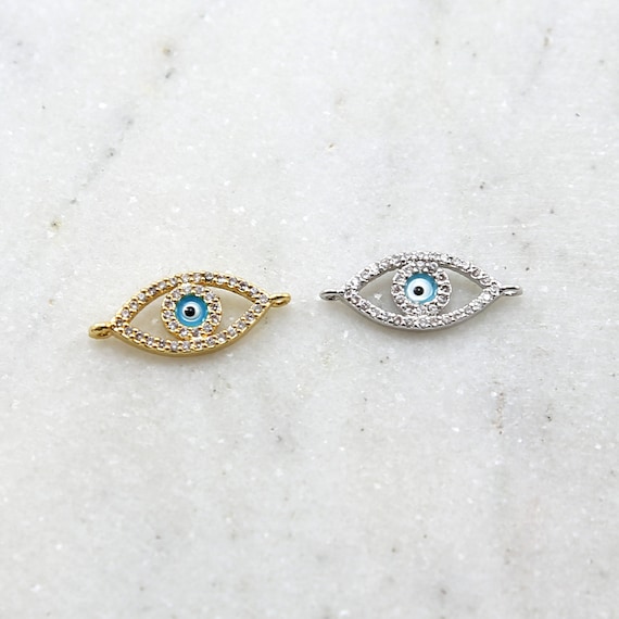 CZ Large Evil Eye Blue Stone Eye Rhodium Plated Necklace Bracelet Connector Charm in Gold and Silver