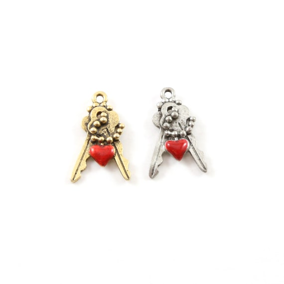 Pewter Red Double Key with Chain Charm Best Friend Charm Jewelry Making Supplies Necklace Pendant Antique Gold, Antique Silver