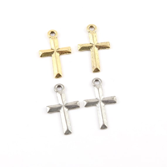 2 Pieces Pewter Base Metal Raised Beveled Cross Charm Pendant Religious Spiritual Catholic Christianity Necklace Charm