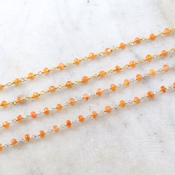 Dainty Carnelian Gemstone Rosary Beaded Wire Wrapped Chain Sterling Silver or Vermeil  / Sold by the Foot / Bulk Unfinished Chain /