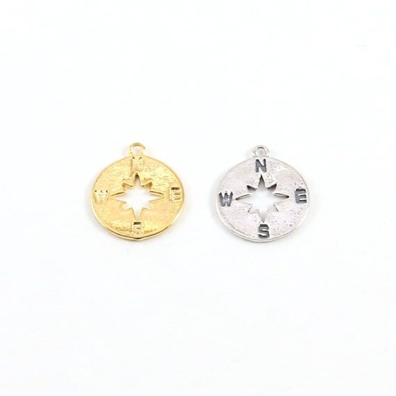 Round Compass Charm Navigation Traveler Pendant Medallion Coin in Sterling Silver or Vermeil Gold 12mm x 20mm