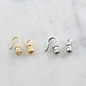 3mm Medium Leather Cord Crimp End Hook and Eye End Cap Set - Vermeil or Sterling Silver