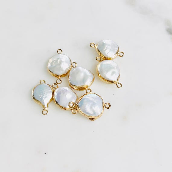 2 Loop Large Freshwater Pearl Connector, Round Gold Plated Rim, Permanent Jewelry