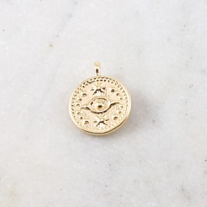 Rund ond öga medaljongmynt med stjärnor, guld rodiumpläterad, delikat berlock, religiöst hänge, smycke, dubbelsidig