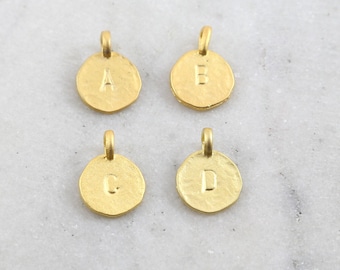 Brushed vermeil gold textured alphabet initial letter disk circle charm pendant choose your letter