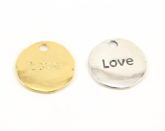 Large double sided coin stamped with love and amore charm pendant sterling silver and vermeil gold