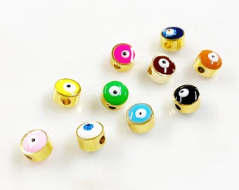 1 piece double sided gold rimmed evil eye enamel bead choose your color protection evil eye colorful charms jewelry making supplies