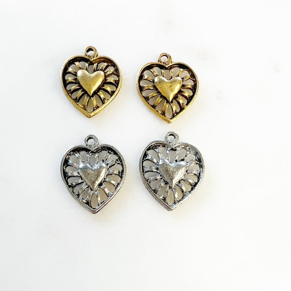 2 Pieces Pewter Heart Within Heart Loop Charms, Love ,Friendship, Small Pendant, Cutout Heart Design, Antique Gold, Antique Silver