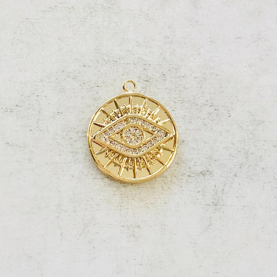 Gold Plated CZ Evil Eye Coin Medallion Round Charm Cubic Zirconia Protector Charm Pendant