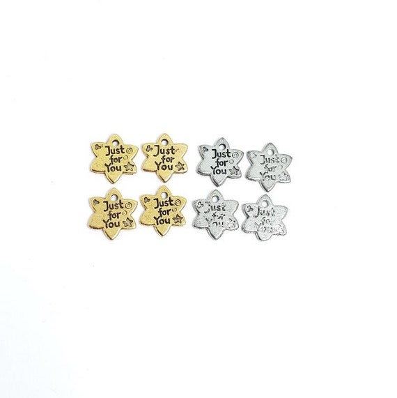 4 Pieces Pewter Cute Star Shaped Just For You Stamped Word Charm Double Sided Pendant Antique  Gold and Antique Silver