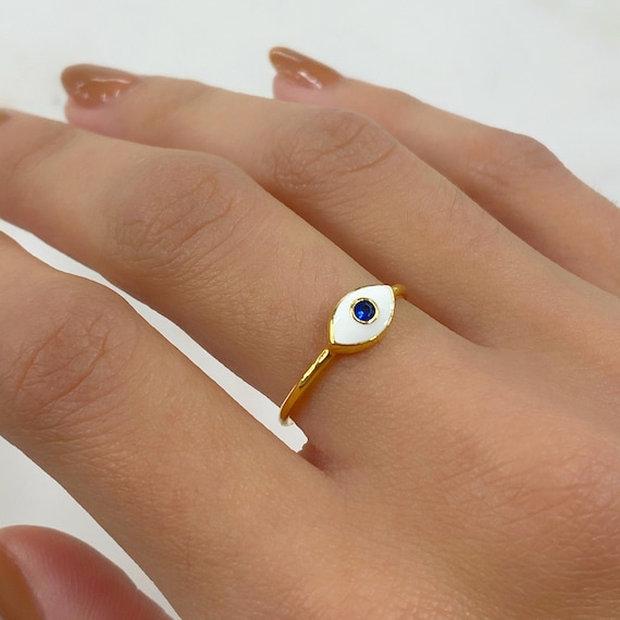 Evil Eye Ring White Enamel Blue Stone Thin Protection Ring Choose Your Size, 6, 7, or 8