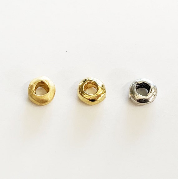Artisan Organic Shape Thick Rondelle 7MM Round Donut Large Hole Spacer Bead In Shiny Vermeil, Matte Vermeil, And Sterling Silver 925