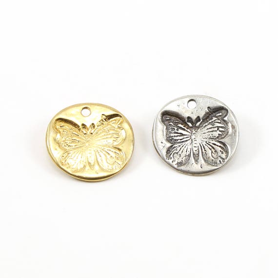 Stamped Embossed Butterfly Coin Pendant in Sterling Silver or Vermeil Gold Nature Spring Believe Inspirational Word Charm