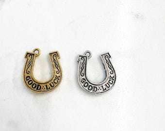 1 piece double sided horse shoe good luck charm pewter metal horse lover charm in antique gold or antique silver