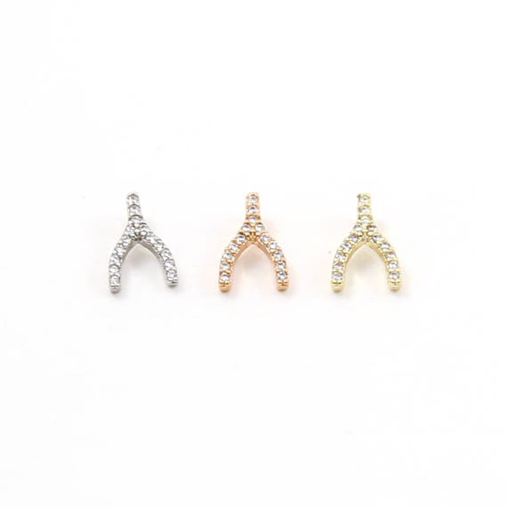 Tiny CZ Pave Wishbone Silver, Gold, Rose Gold, Small Rhodium Plated Charm Good Luck Charm