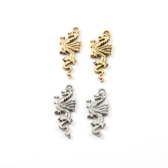2 pieces Pewter Detailed Dragon Charm Fantasy Medieval Magic Mystical Creature Pendant in Antique Gold, Antique Silver