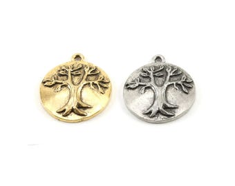 Tree of life family oak tree pewter pendant nature coin circle medallion charm antique silver, antique gold