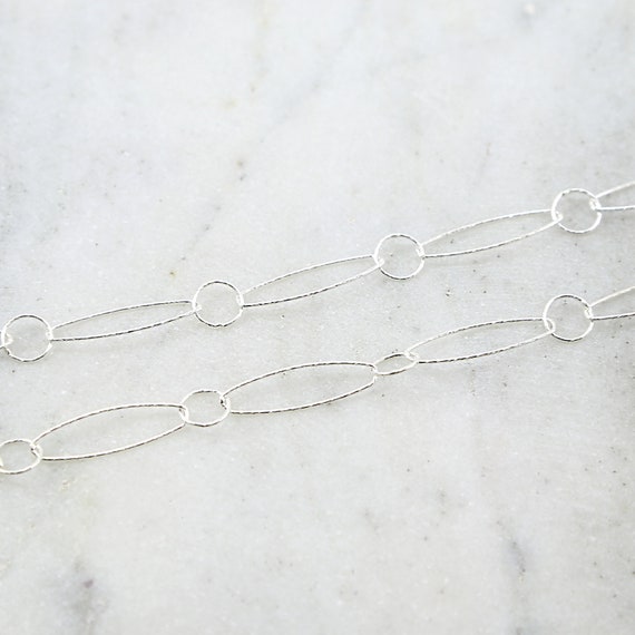 Large Sterling Silver Textured Hammered  Oval and Circle Unique Design Chain / Sold by the Foot / Bulk Unfinished Chain