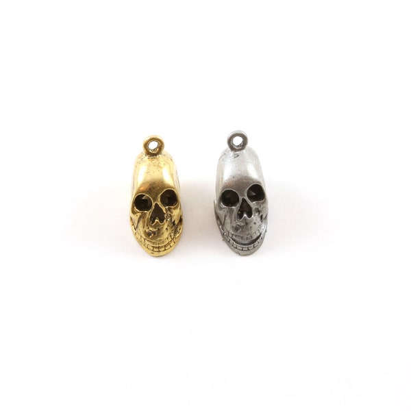 Medium Pewter Open Jaw Skull Head Pendant Halloween Skeletons Day of the Dead Charm in Antique Gold, Antique Silver