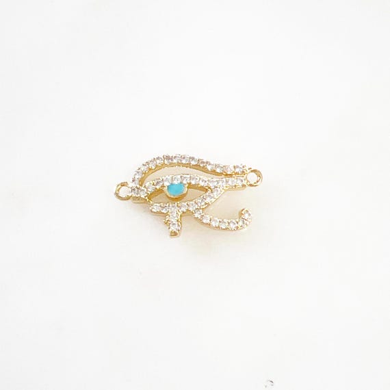 Eye of Ra Ancient Egyptian Connector Pendant Gold Plated with Cubic Zirconia Blue Cz in Center of Eye Charm Pendant Permanent Jewelry
