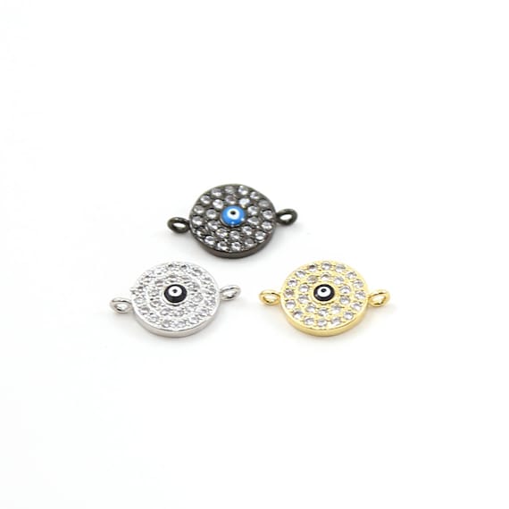 Round Blue CZ Evil Eye Connector Charm Pendants Rhodium Plated Necklace Bracelet Link in Gold, Silver, Gunmetal