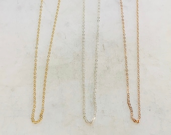 Ready To Wear Finished Flat Cable Chain in 14K Gold Filled, Rose Gold Filled or Sterling Silver 1.3mm 16in and  18in Ready Made Necklace