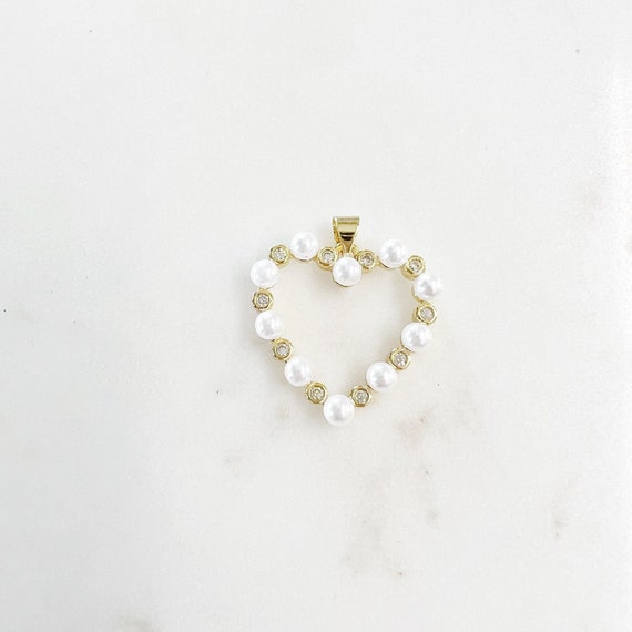 Cubic Zirconia Pave Acrylic Pearl Open Heart Pendant  Love Charm Gold Plated