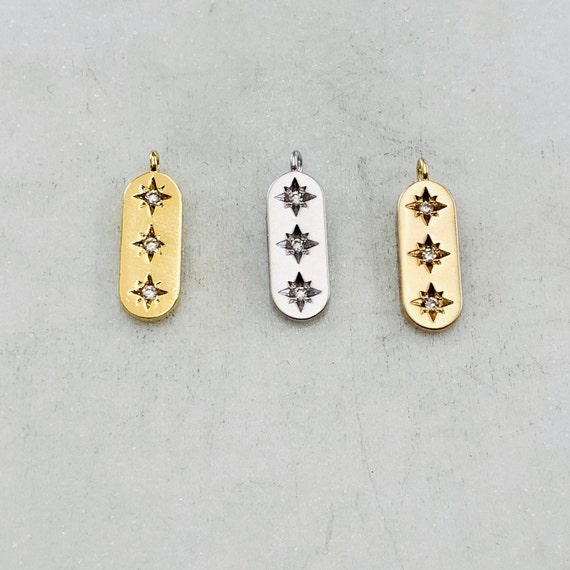 Trio Star Bar Pendant Sideways Drop Charm Pendant Celestial Pointed Star Pendant  Shiny Gold, Matte Silver, Matte Gold  15mm x 5mm