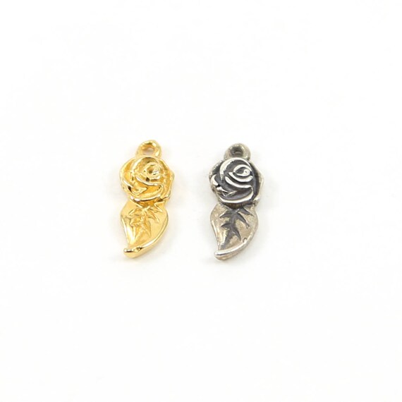 Beautiful Rose Flower Plant with Petal Leaf Nature Charm in Sterling Silver or Vermeil Gold