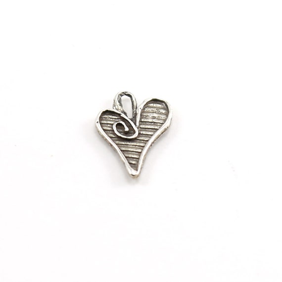 Unique Whimsical Single Curl Heart Charm with Horizontal Lines in Sterling Silver Love Sisters Mother Daughter Pendant