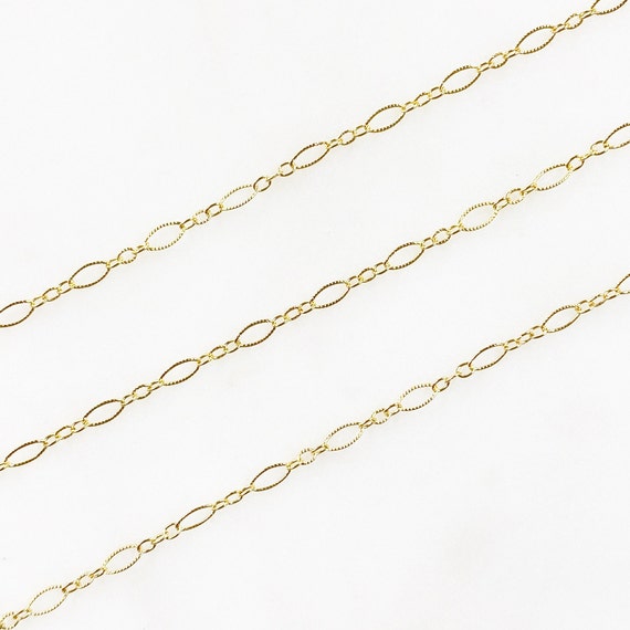 4.5mm x 2mm 14K GF Delicate Oval and Circle Long and Short Unique Textured Chain Permanent Jewelry/ Sold by the Foot / Bulk Unfinished Chain