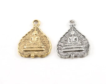 Sitting Buddha Leaf Pewter Charm Buddha Mantra Yoga Religious Spiritual Pendant 23mm x 17mm in Antique Gold, Antique Silver