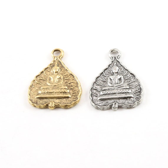 Sitting Buddha Leaf Pewter Charm Buddha Mantra Yoga Religious Spiritual Pendant 23mm x 17mm in Antique Gold, Antique Silver