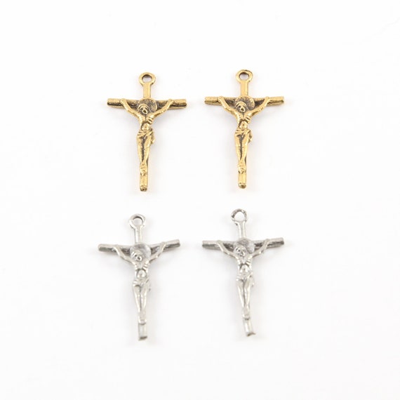 2 Pieces Small Lightweight Thin Pewter Base Metal Crucifix Jesus Cross Charm Pendant Religious Spiritual Catholic Christianity Charm