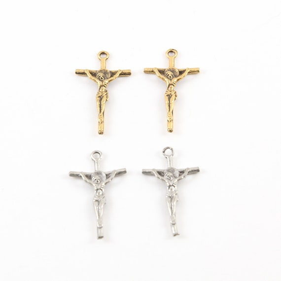 2 Pieces Small Lightweight Thin Pewter Base Metal Crucifix Jesus Cross Charm Pendant Religious Spiritual Catholic Christianity Charm