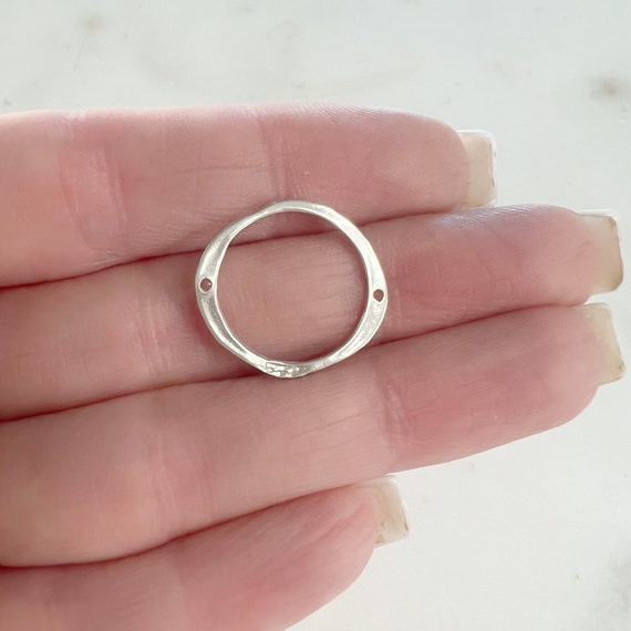 Medium Size Hammered Organic  Open Circle Soldered Connector Ring in Sterling Silver, 2 Hole Connector Ring