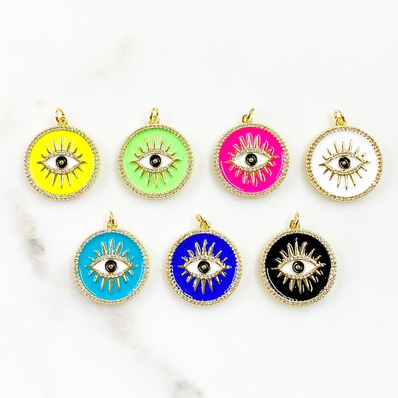 Unique Evil Eye Coin Charm Gold Plated Colorful Enamel Cubic Zirconia Evil Eye Protection Charm Choose Your Color Jewelry Making Charms